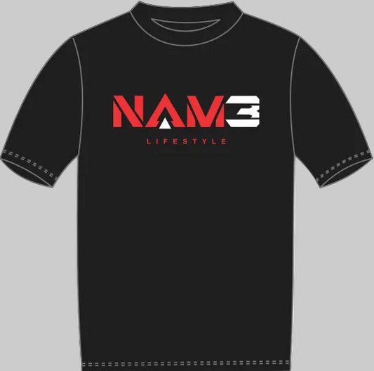 Black T-shirt with Red and White logo