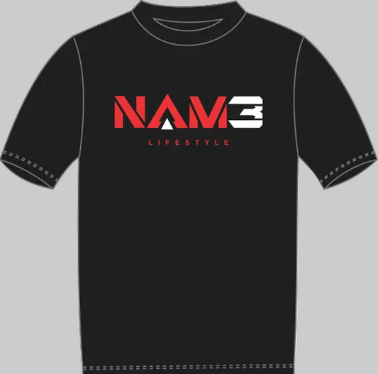 Black T-shirt with Red and White logo